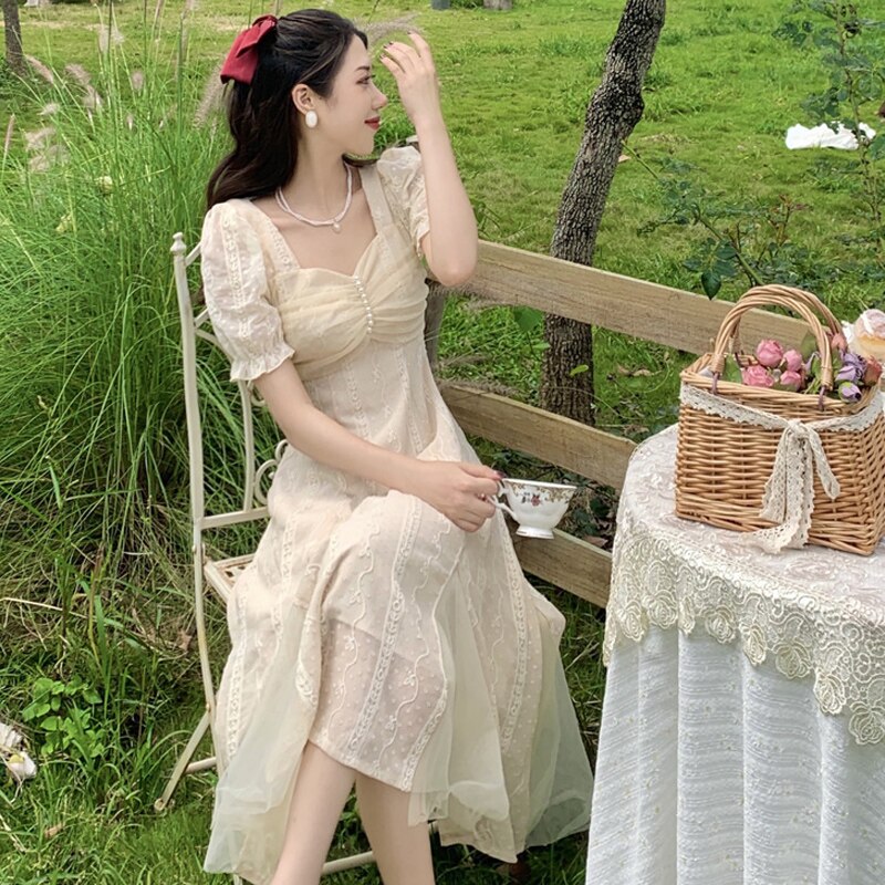 French Vinatge Midi Dresses Women Casual Short Sleeve Elegant Sweet Dress Female Party One Piece Dress Korean Fahion Summer