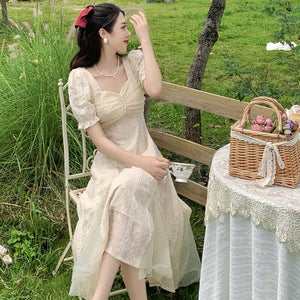 French Vinatge Midi Dresses Women Casual Short Sleeve Elegant Sweet Dress Female Party One Piece Dress Korean Fahion Summer