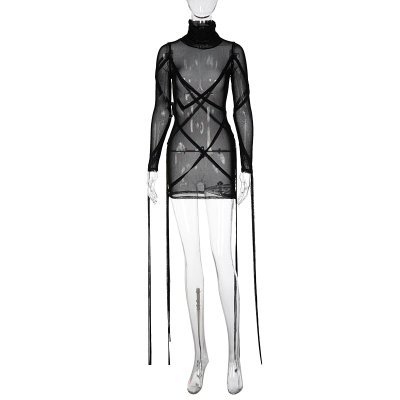 woloong Long Sleeve Mesh See-Through Bandage Sexy Mini Dress Summer Women Streetwear Outfits Y2K Chic Party Club Clothing