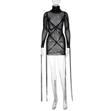 woloong Long Sleeve Mesh See-Through Bandage Sexy Mini Dress Summer Women Streetwear Outfits Y2K Chic Party Club Clothing