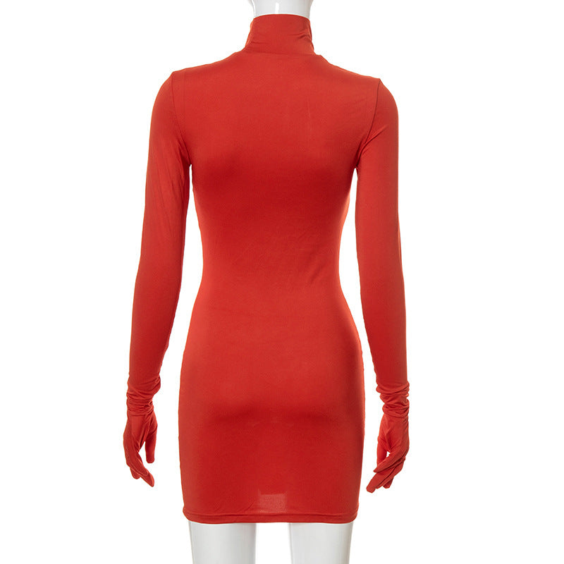 woloong Women Fall Fashion Bodycon Folds Pure Color Long Sleeves With Gloves Mini Dress Female Clothing Streetwear Y2K