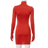 woloong Women Fall Fashion Bodycon Folds Pure Color Long Sleeves With Gloves Mini Dress Female Clothing Streetwear Y2K
