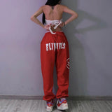Woloong Aiertu  Summer hip-hop Letter printing graphic sweatpants Red pants for women Y2K Harajuku high waist loose casual pants Trousers
