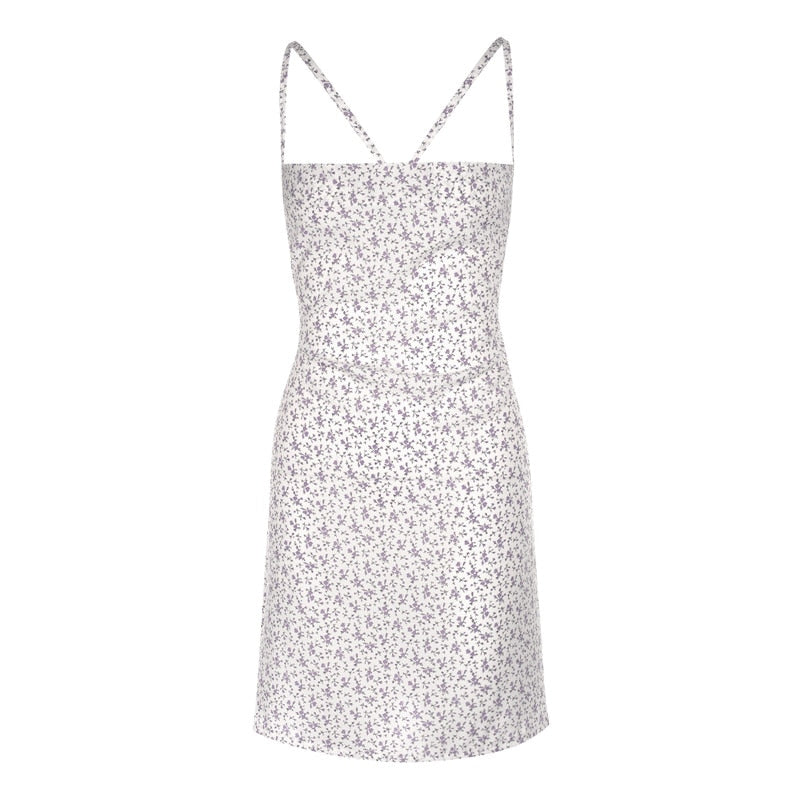 woloong  Beach Sundress Women Sling Straps Backless Cross Short Mini Dress Ruched Summer Sexy Little Flowers Printed Casual Vestidos