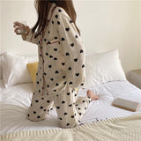 Woloong  Cotton Pajamas for Women Korean Sleepwear Heart Print Pijama Female Set Woman 2 Pieces Nightwear Autumn Pyjama Long Sleeve