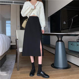 Skirts Women Black High-waist Side-split Midi Skirt Ladies Stretchy Body-con A-line Vintage Elegant All-match Simple Fashion New