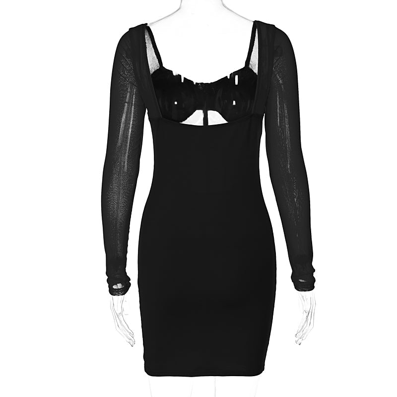 woloong  Solid With Integrated Corset Long See Through Sleeves Sexy Mini Dress  Fall Party Club Elegant Streetwear Outfit