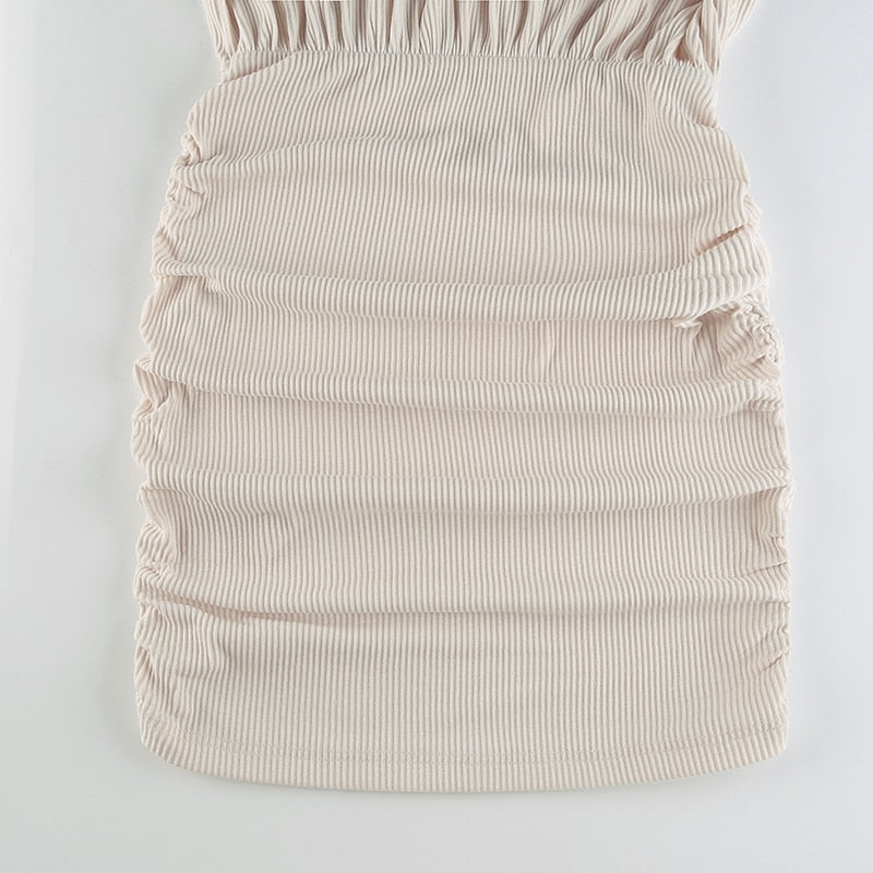 woloong  Solid V Neck Ruched Women Mini Dress Autumn Winter Knitting Folds Sexy Party Dresses Ladies Elegant Knitwear Vintage