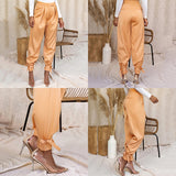 Woloong  Satin Lace Up High Waist Harem Pants Zipper Women Autumn Pleated Loose Pockets Long Trousers Casual Office Ladies Pant