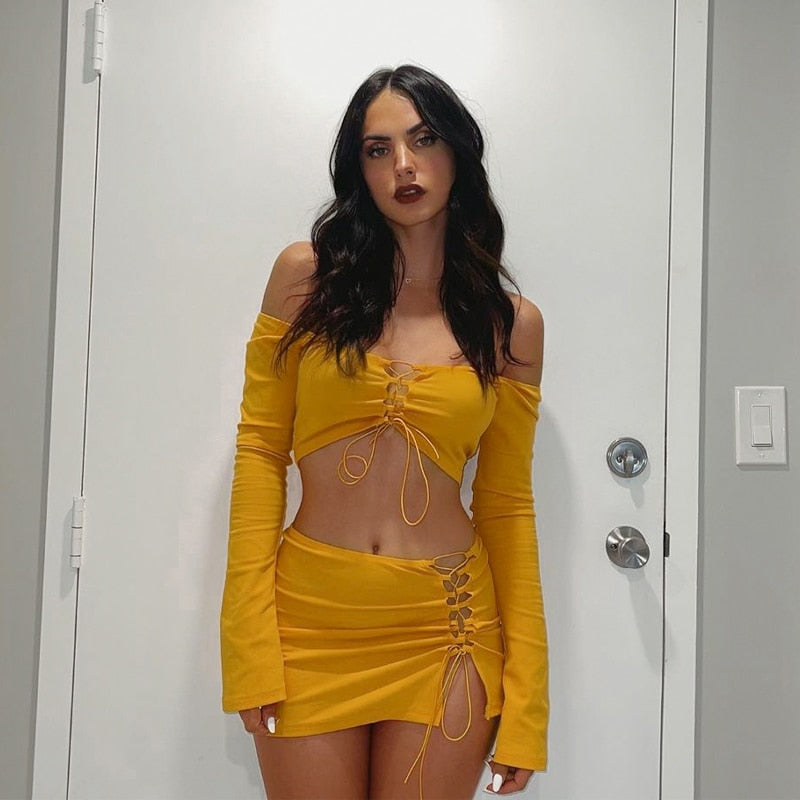 woloong    Solid Long Sleeve Drawstring Ruched Crop Top Sexy Mini Dress 2 Piece Set  Fall Fashion Bodycon Elegant Clothing Y2K