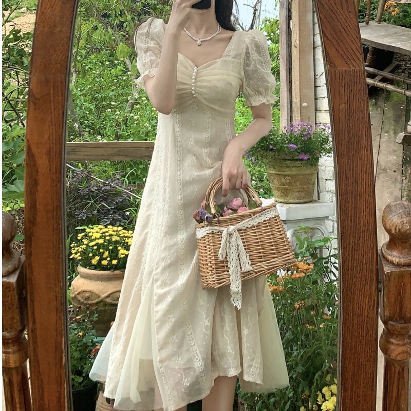French Vinatge Midi Dresses Women Casual Short Sleeve Elegant Sweet Dress Female Party One Piece Dress Korean Fahion Summer