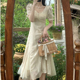 French Vinatge Midi Dresses Women Casual Short Sleeve Elegant Sweet Dress Female Party One Piece Dress Korean Fahion Summer
