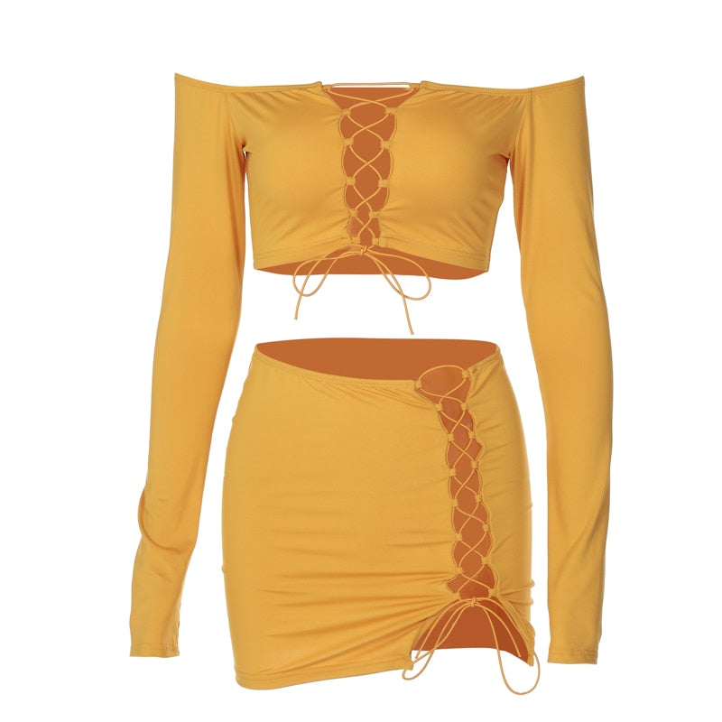 woloong    Solid Long Sleeve Drawstring Ruched Crop Top Sexy Mini Dress 2 Piece Set  Fall Fashion Bodycon Elegant Clothing Y2K