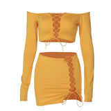 woloong    Solid Long Sleeve Drawstring Ruched Crop Top Sexy Mini Dress 2 Piece Set  Fall Fashion Bodycon Elegant Clothing Y2K