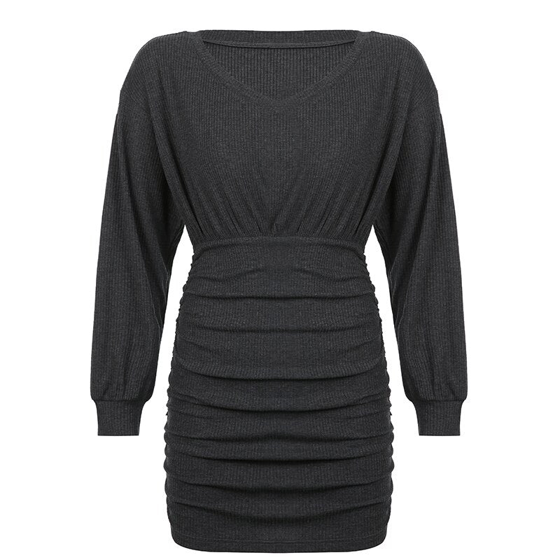 woloong  Solid V Neck Ruched Women Mini Dress Autumn Winter Knitting Folds Sexy Party Dresses Ladies Elegant Knitwear Vintage
