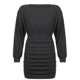woloong  Solid V Neck Ruched Women Mini Dress Autumn Winter Knitting Folds Sexy Party Dresses Ladies Elegant Knitwear Vintage