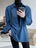 Woloong  Loose Blue Shirt For Women V Neck Long Sleeve Solid Minimalist Vintage Blouses Female Korean Fashion Clothing Style