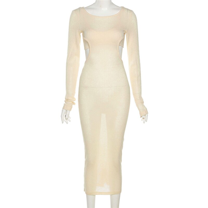woloong  Autumn Knitted Sexy See Through Long Sleeve Maxi Dress And Sleeveless Short Camisole Women Party Dresses Two Pieces Set