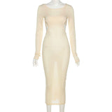 woloong  Autumn Knitted Sexy See Through Long Sleeve Maxi Dress And Sleeveless Short Camisole Women Party Dresses Two Pieces Set