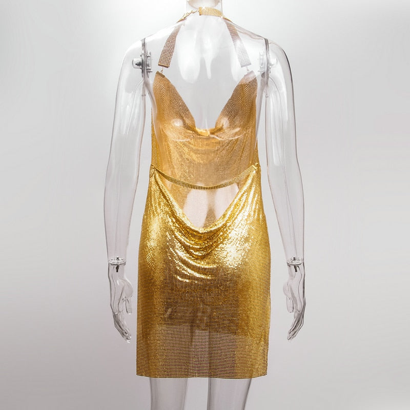 Shiny Luxury Sequined Low Cut Halter Mini Dress Backless Patchwork Split Sleeveless Hollow Out Party Sexy Women Solid Dresses