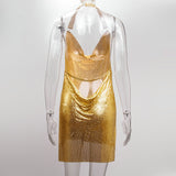 Shiny Luxury Sequined Low Cut Halter Mini Dress Backless Patchwork Split Sleeveless Hollow Out Party Sexy Women Solid Dresses
