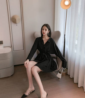 Gothic Black Women Dress Long Sleeve Fall Solid Simple Elegant Goth Casual Sexy A Line Short Dresses Vintage