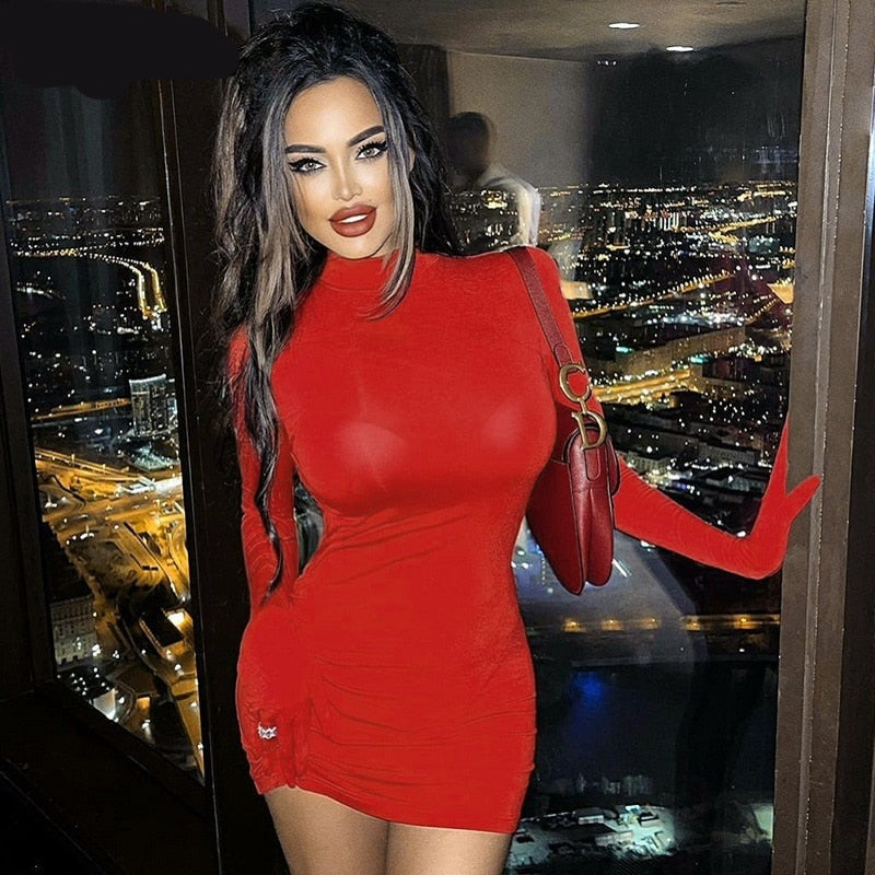 woloong Women Fall Fashion Bodycon Folds Pure Color Long Sleeves With Gloves Mini Dress Female Clothing Streetwear Y2K