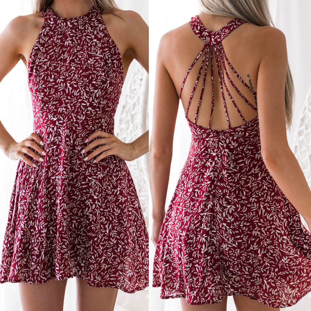 Aieru Womens Boho Beach Summer Holiday tumblr Sundress Halter Floral Mini Dress Ladies Slim Sleeveless vestido playa