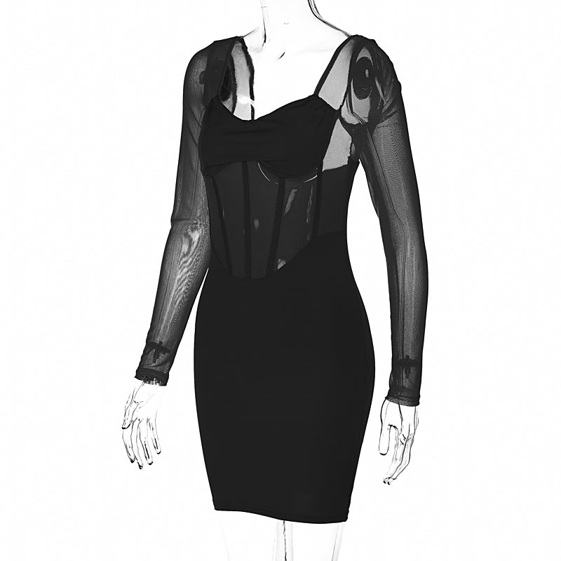 woloong  Solid With Integrated Corset Long See Through Sleeves Sexy Mini Dress  Fall Party Club Elegant Streetwear Outfit