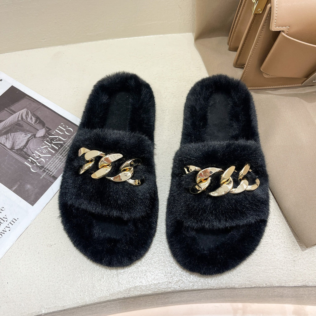 woloong  Women Fashion Metal Chain Warm Fluffy Slippers Cozy Faux Fur  Indoor Floor Outdoor Slides Flat Soft Furry Ladies Celebrities Fli