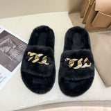 woloong  Women Fashion Metal Chain Warm Fluffy Slippers Cozy Faux Fur  Indoor Floor Outdoor Slides Flat Soft Furry Ladies Celebrities Fli