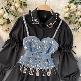 Spring New Blouse Women's Diamond Beaded Puff Sleeve Blusa Top Tassel Pearl Sling Waistcoat Two-piece Stacking Shirt C813