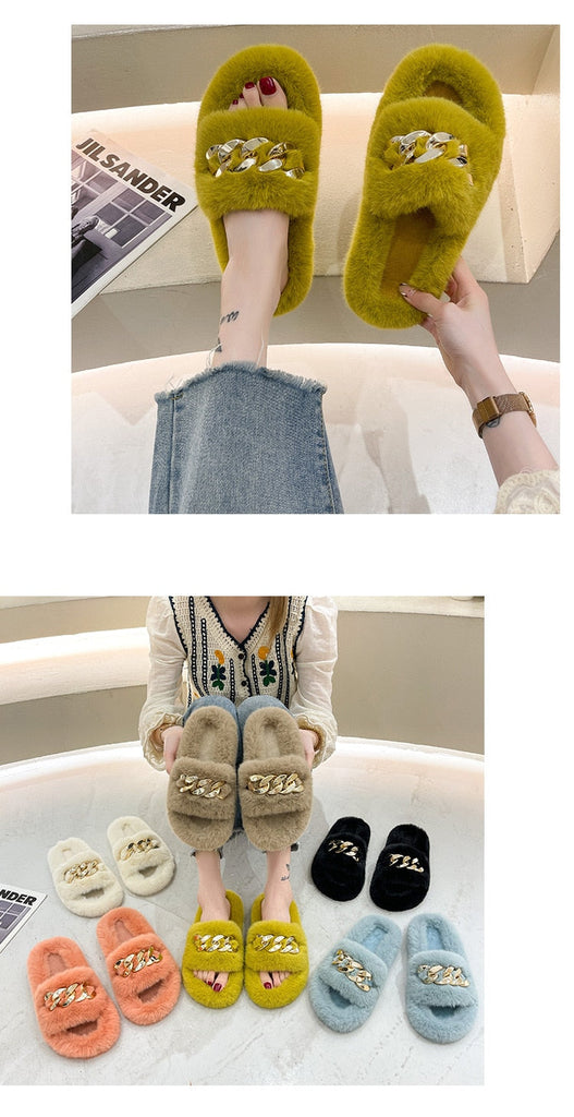 woloong  Women Fashion Metal Chain Warm Fluffy Slippers Cozy Faux Fur  Indoor Floor Outdoor Slides Flat Soft Furry Ladies Celebrities Fli