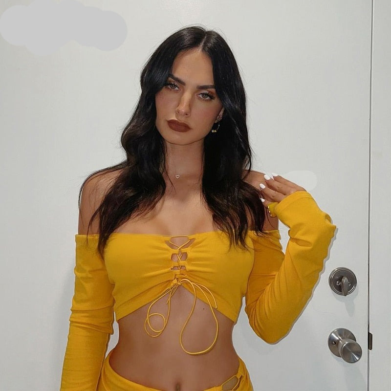 woloong    Solid Long Sleeve Drawstring Ruched Crop Top Sexy Mini Dress 2 Piece Set  Fall Fashion Bodycon Elegant Clothing Y2K