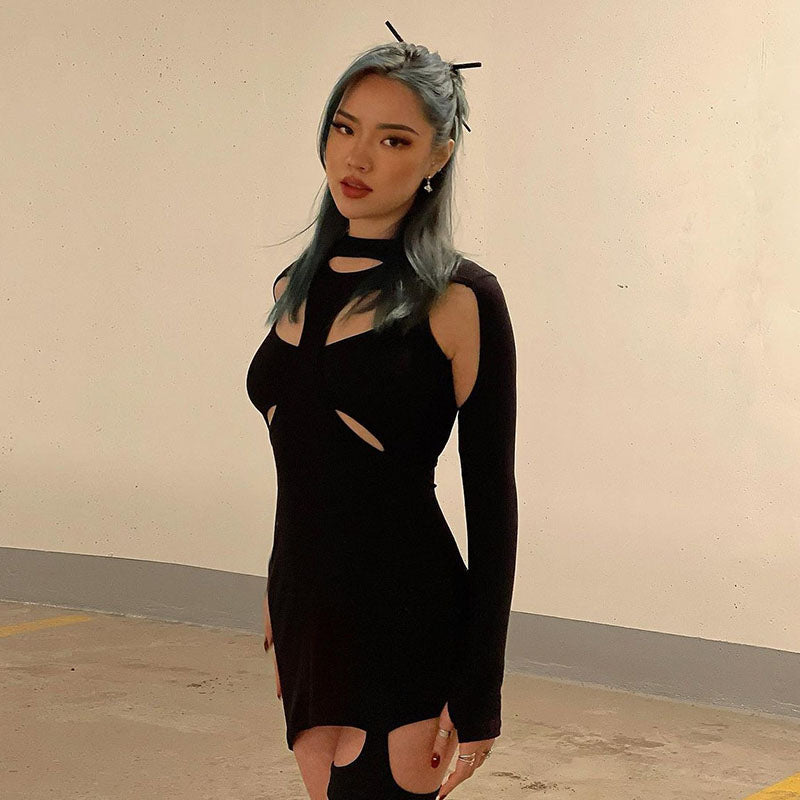 woloong Long Sleeve Hollow Out Sexy Mini Dress Summer Women Fashion Streetwear Outfits Y2K Chic Club Wear