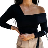 Women Autumn Winter T shirt Off Shoulder Oblique Neck Strapless Backless Long Sleeve Solid Color Ladies Slim Shirt femme