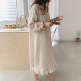 Ruffles Sleep Dress Women Long Sleeve Kawaii Cherry Print Korean Sleepwear Homewear Long Dress Autumn Elegant Casual Loose