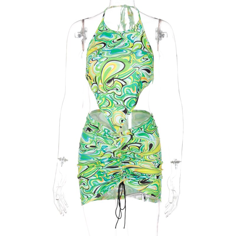 woloong Print Sleeveless Bodycon Halter Hollow Out Sexy Top Mini Dress Set Summer Women Fashion Streetwear Outfits Y2K