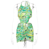 woloong Print Sleeveless Bodycon Halter Hollow Out Sexy Top Mini Dress Set Summer Women Fashion Streetwear Outfits Y2K