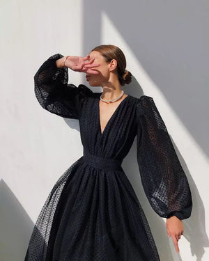 Woloong Women Elegant Dress Summer Polka Dots Temperament Long Dresses Autumn V-neck Puff Sleeve Lantern Sleeve Ladies Dress