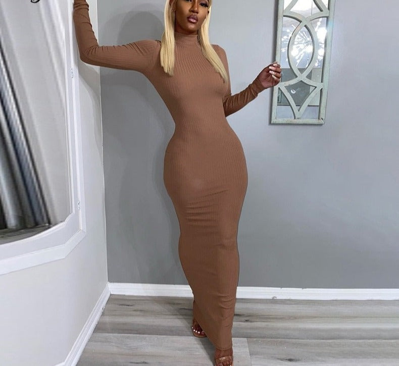 woloong  Long Sleeve Solid Backless Skinny  Ribbed Maxi Dress Autumn Winter Women Fashion Sexy Party Club Outfits