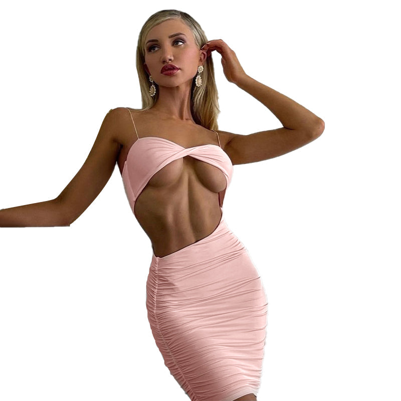 woloong Pure Color Slip Sleeveless Hollow Out Pleated Mini Dress Summer Fall Bodycon Sexy Party Club Elegant Y2K