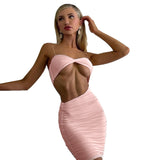 woloong Pure Color Slip Sleeveless Hollow Out Pleated Mini Dress Summer Fall Bodycon Sexy Party Club Elegant Y2K