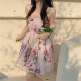 Spaghetti Strap Dress Summer Blooming Floral Print Ruffles Mini Slip Dress Women Chic  Lady Sleeveless Beach Dress Sundress