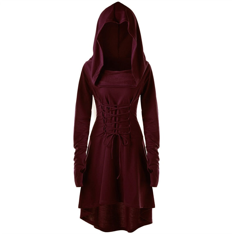 Womens Renaissance Archer cosplay Costumes Hooded Robe Lace Up Vintage Pullover Long Hoodie Dress Cloak Halloween LARP Party