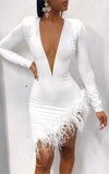 Woloong  Women Solid Long Sleeve Feather Mesh Stitching Slim Sexy V-Neck Dress Fall Winter Elegant Party Streetwear