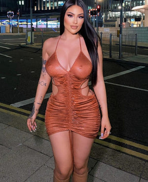 Solid Satin Sleeveless Backless Halter Slim Hollow Out Pleated Bodycon Sexy Mini Dress Fall Women Elegant Party