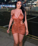 Solid Satin Sleeveless Backless Halter Slim Hollow Out Pleated Bodycon Sexy Mini Dress Fall Women Elegant Party