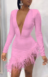 Woloong  Women Solid Long Sleeve Feather Mesh Stitching Slim Sexy V-Neck Dress Fall Winter Elegant Party Streetwear