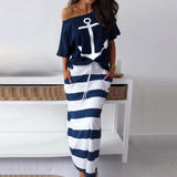 Women Sexy Off Shoulder Dress Summer Casual 2 Piece Set Dresses Hope Boat Anchor Print Slash Neck T-Shirt Top Striped Skirt Sets